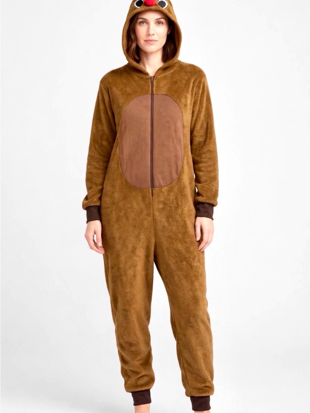Cozy Brown Reindeer Women's Plush Onesie Jumpsuit- Costume, Holiday, Christmas